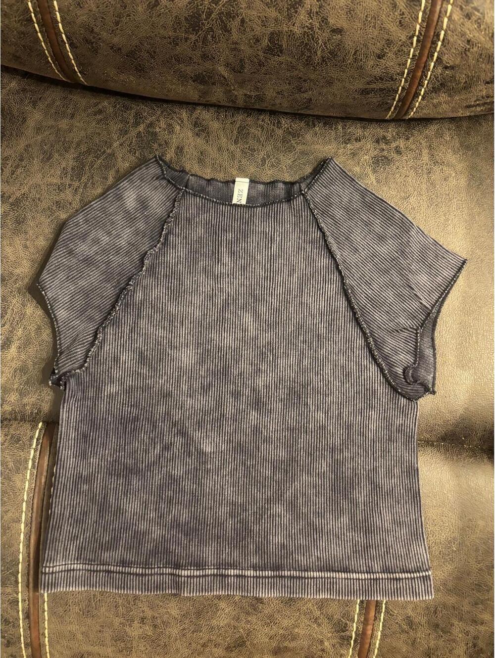 Zenana Washed Ribbed Cap Sleeve Crop Top Acid Wash Black L/XL New In Poly Bag